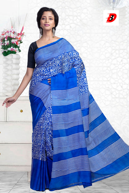 Blue Block Printed Pure Silk Mark Certified Bishnupuri Silk Sarees