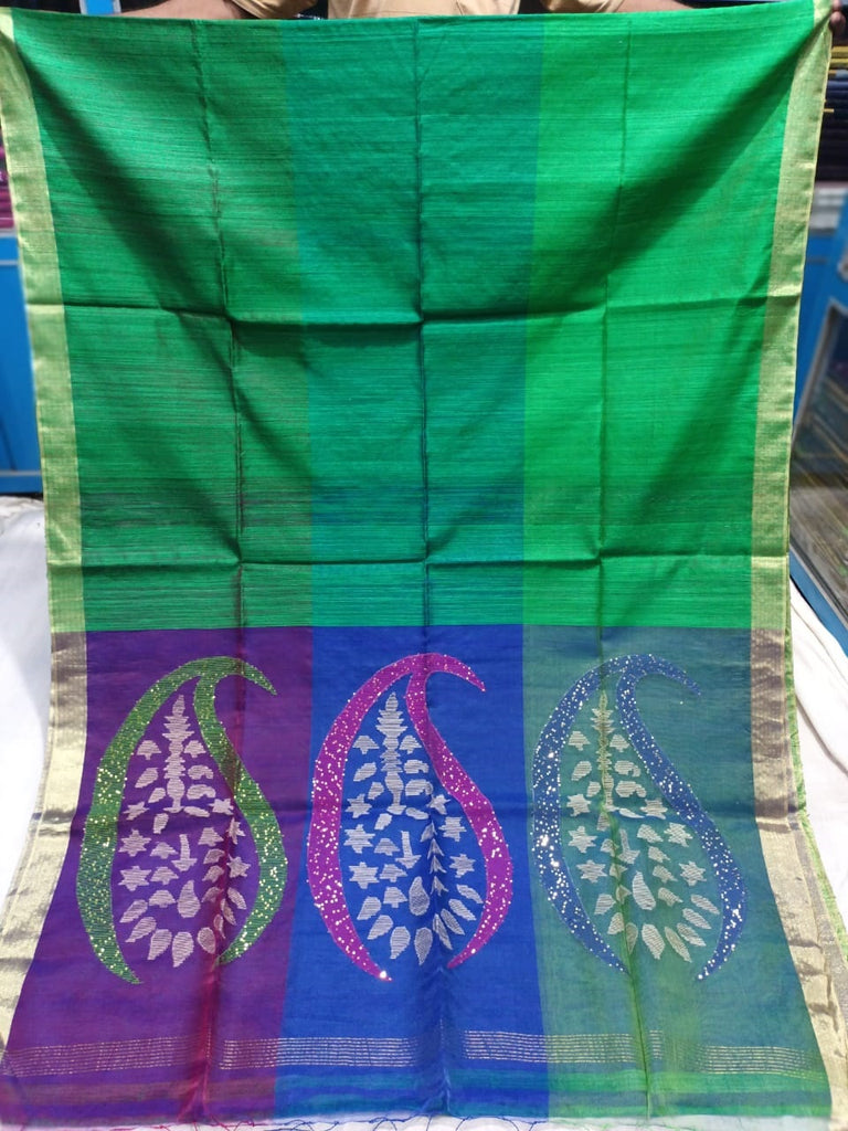 Tri-color Parrot Green Matka Silk Mark Certified Muslin Kalka Saree Get Extra 10% Discount on All Prepaid Transaction