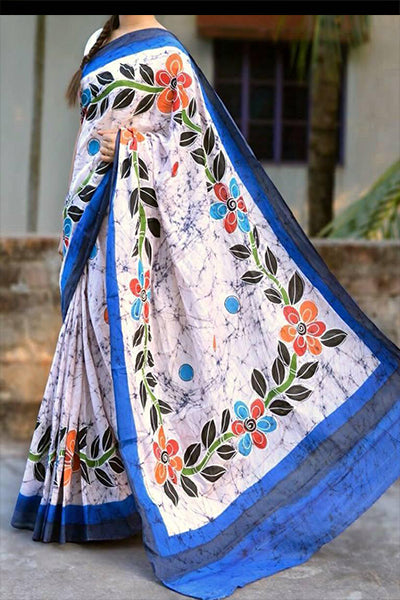 Blue White Mulmul Batik Sarees