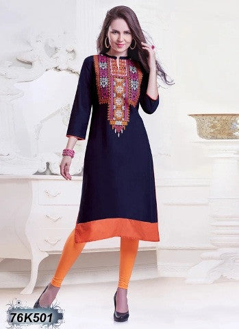 New Navy Blue Design Rayon Embroidery Stitched Kurtis - Dailybuyys