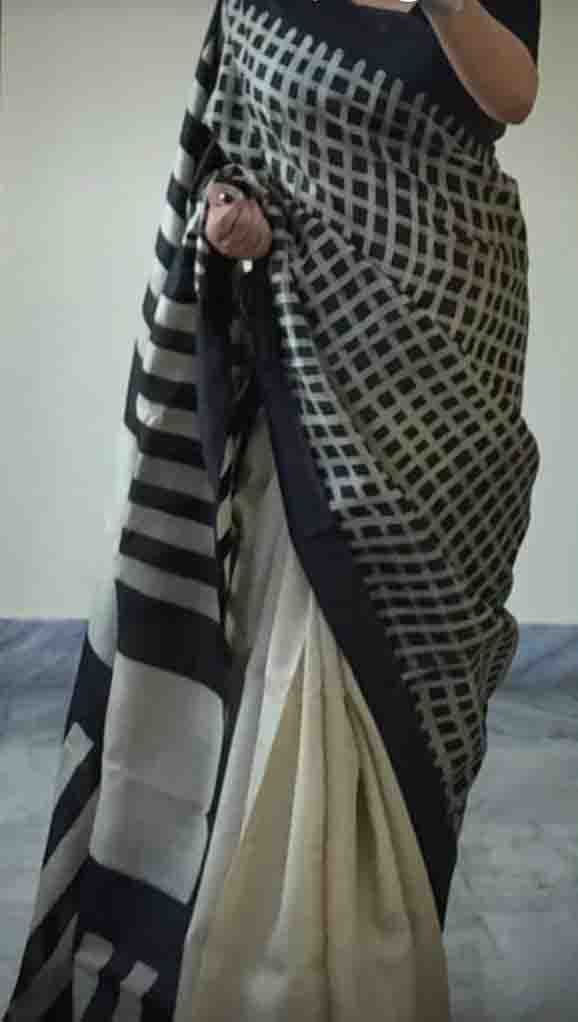 Beige Black Block Printed Pure Silk Mark Certified Bishnupuri Silk Sarees