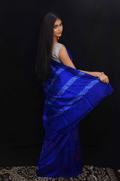 Blue Multicolor Block Printed Silk Mark Certified Bishnupuri Silk Sarees