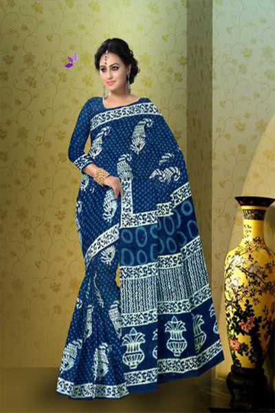 Blue Bagru Printed Pure Cotton Sarees