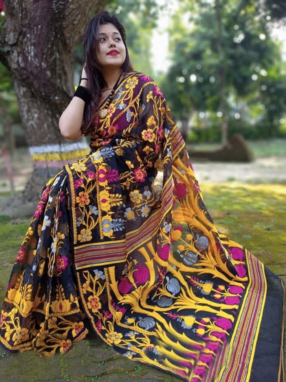 Black with yellow and pink detail work soft Dhakai Jamdani Sarees