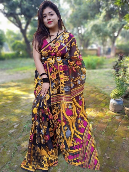 Black with yellow and pink detail work soft Dhakai Jamdani Sarees