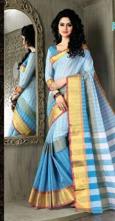 Blue Beige Pure Cotton Handloom Sarees