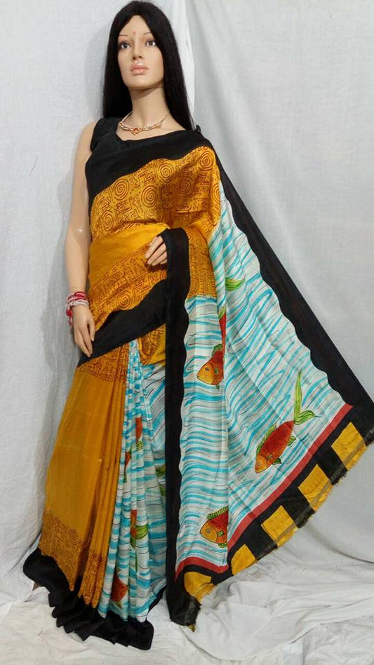 Yellow Block Printed Pure Silk Mark Certified Bishnupuri Silk Sarees - Dailybuyys