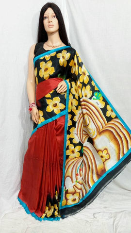 Red Hand Painted Pure Silk Mark Certified Bishnupuri Silk Sarees