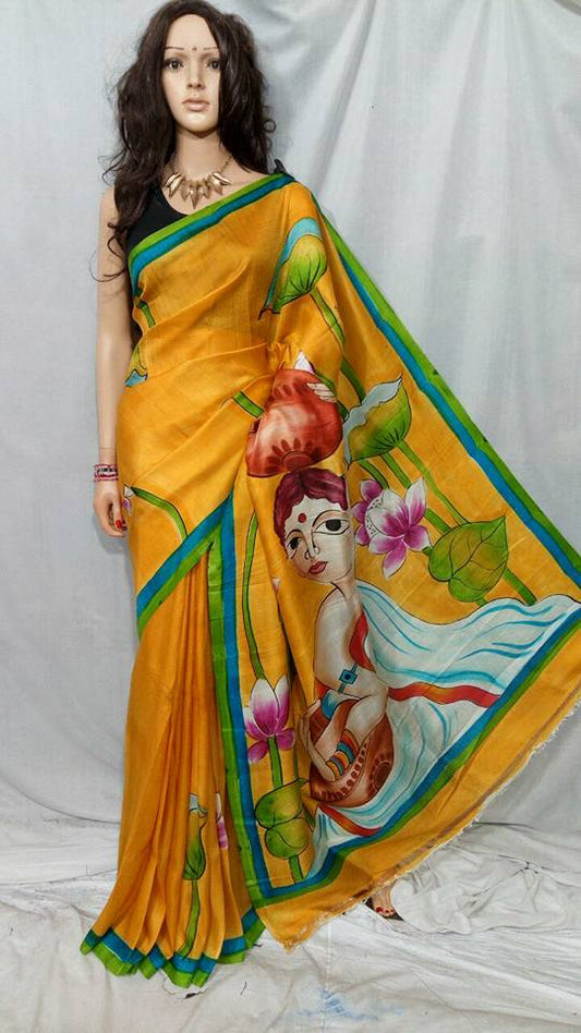 Yellow Hand Painted Pure Silk Mark Certified Bishnupuri Silk Sarees - Dailybuyys