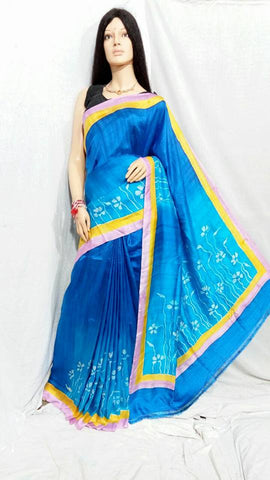 Blue Hand Painted Pure Silk Mark Certified Bishnupuri Silk Sarees