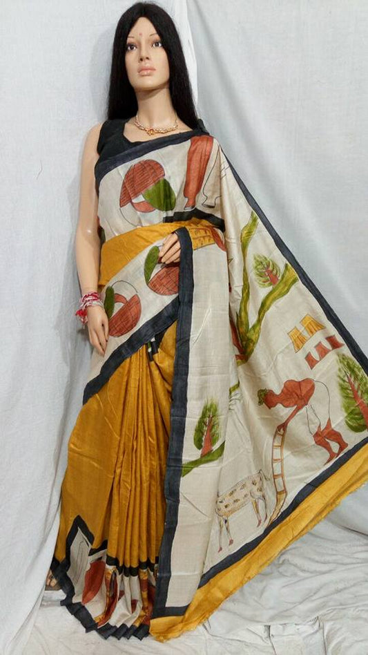 Yellow Hand Painted Pure Silk Mark Certified Bishnupuri Silk Sarees - Dailybuyys
