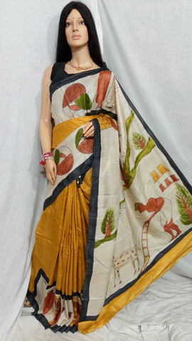 Yellow Hand Painted Pure Silk Mark Certified Bishnupuri Silk Sarees