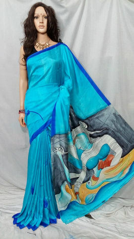 Blue Hand Painted Pure Silk Mark Certified Bishnupuri Silk Sarees