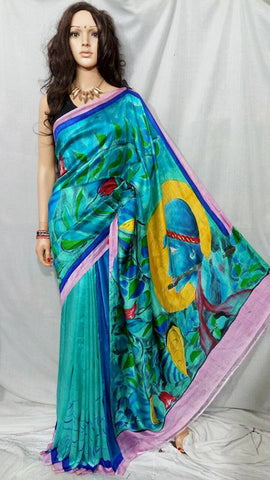 Blue Hand Painted Pure Silk Mark Certified Bishnupuri Silk Sarees