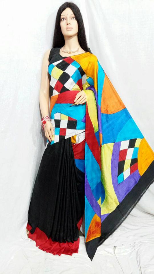 Blue Black Hand Painted Pure Silk Mark Certified Bishnupuri Silk Sarees - Dailybuyys