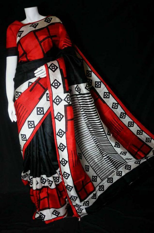 Red Black Pure Silk Mark Certified Murshidabad Silk Sarees - Dailybuyys