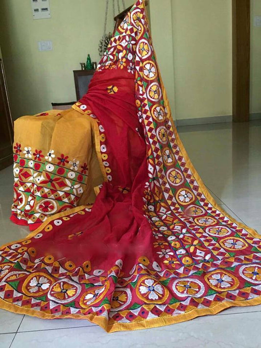 Pink Yellow Kathiawari Sarees - Dailybuyys