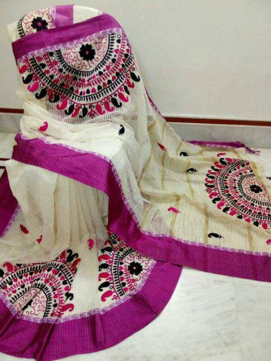 Purple White Kathiawari Sarees - Dailybuyys