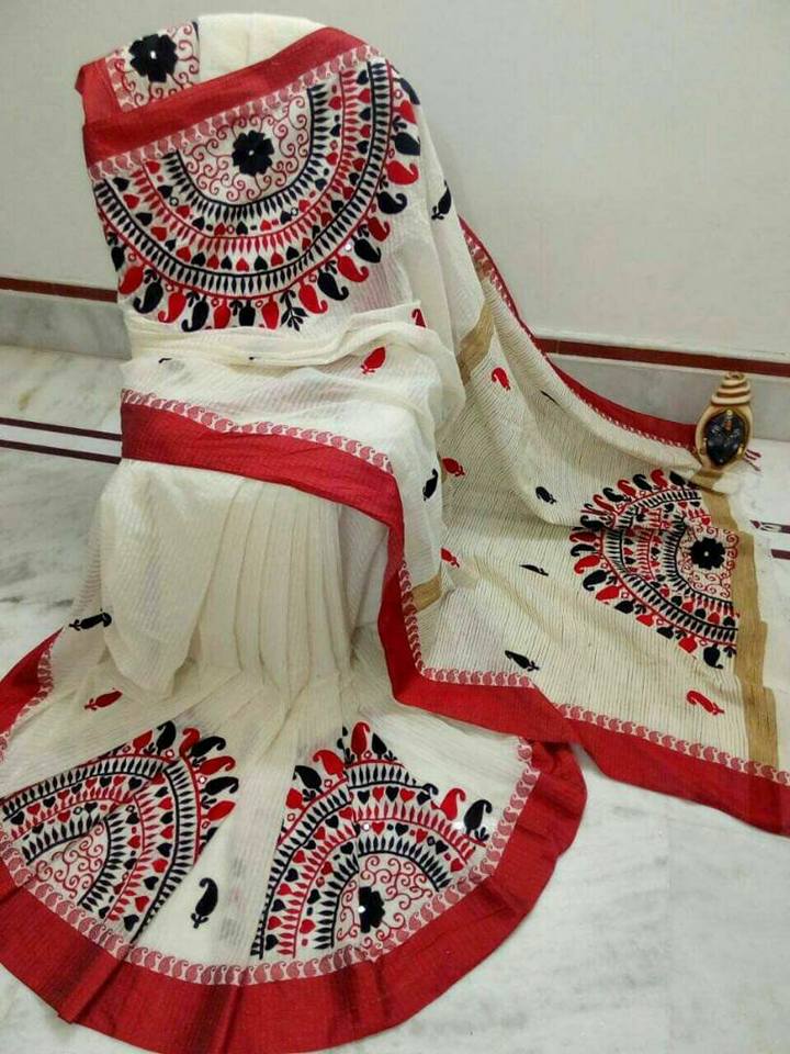 Red White Kathiawari Sarees - Dailybuyys