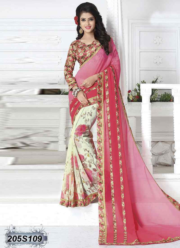 Pink & Off White Georgette Sarees