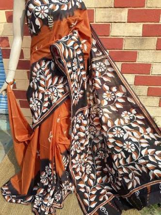 Orange Black Pure Silk Mark Certified Murshidabad Silk Sarees - Dailybuyys