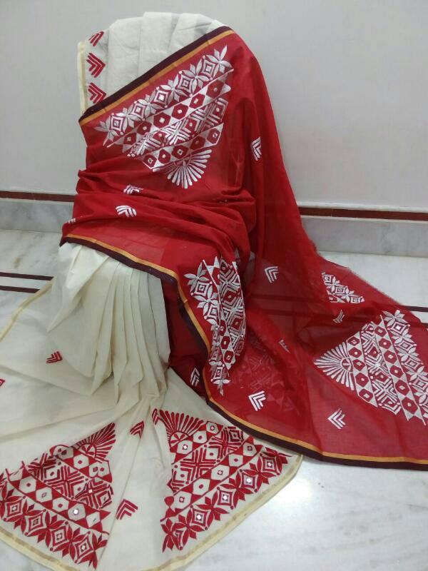 Red White Kathiawari Sarees - Dailybuyys