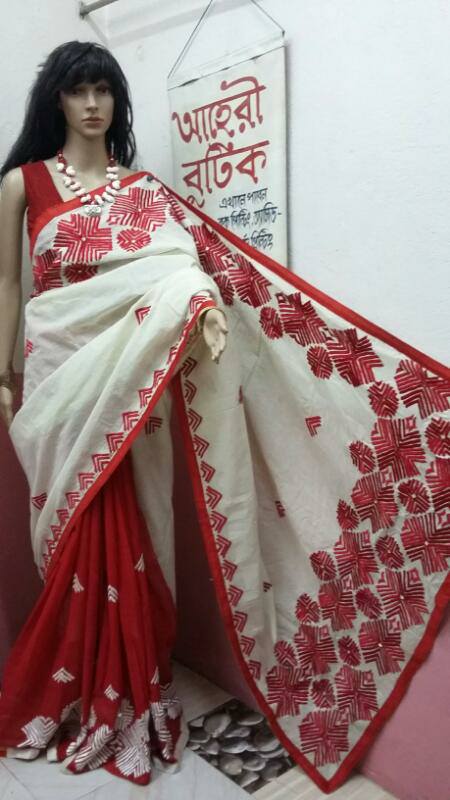 White Red Kathiawari Sarees