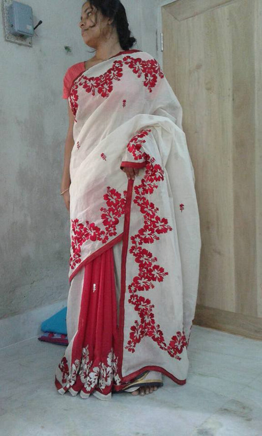 White Red Kathiawari Sarees - Dailybuyys