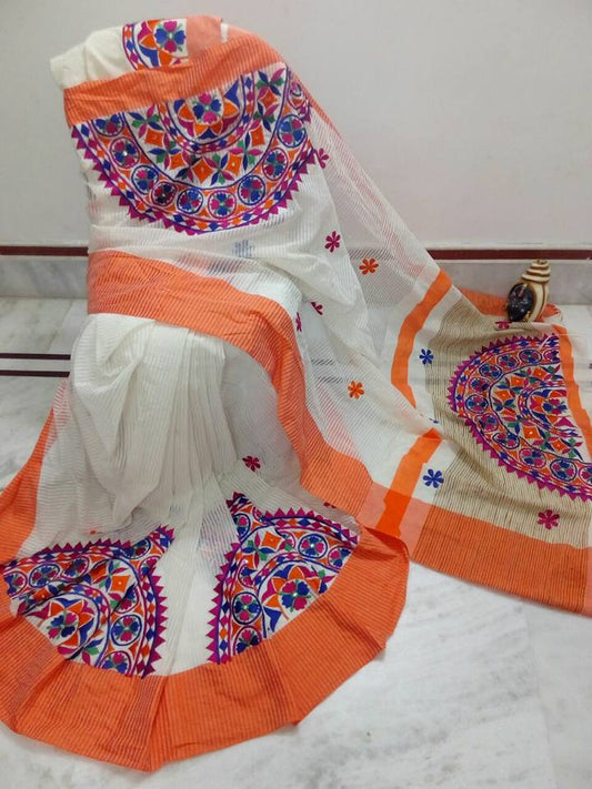 White Orange Kathiawari Sarees - Dailybuyys
