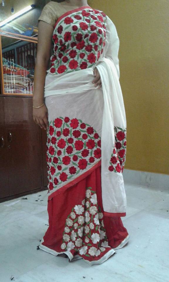 White Red Kathiawari Sarees