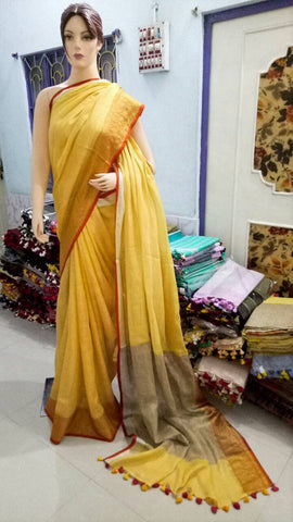 Yellow Pure 100 Count Soft Pure Linen Sarees