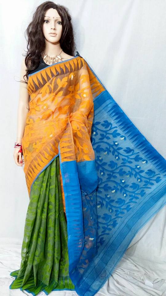 Green ,Yellow Dhakai Jamdani Sarees