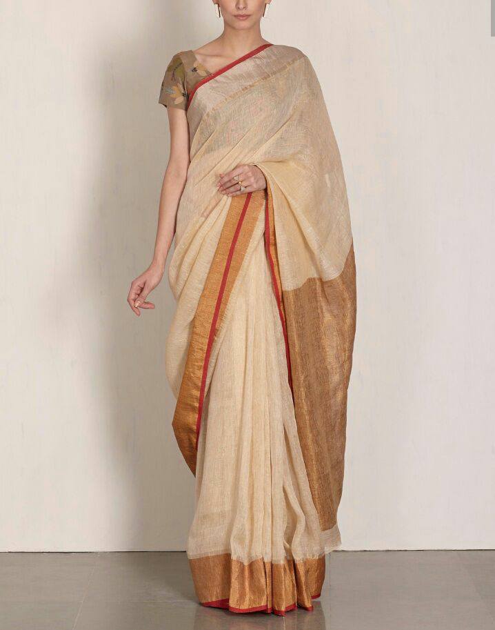 Beige Pure 100 Count Soft Pure Linen Sarees - Dailybuyys