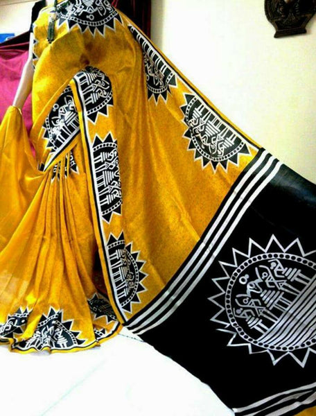 Yellow Black Pure Cotton Khesh Sarees