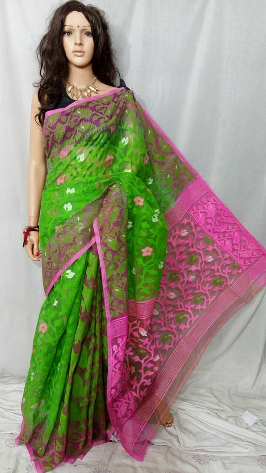 Dhakai Jamdani Handloom Women Saree (Green) - BestBengaliSarees