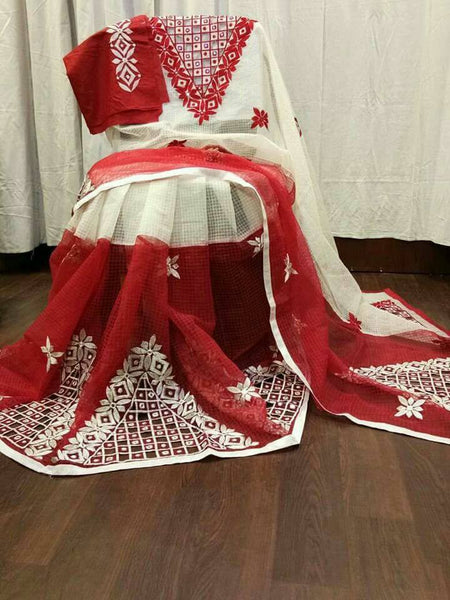 White Red Kathiawari Sarees