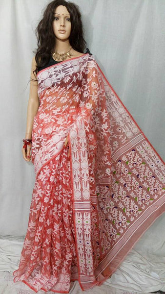 White Red Dhakai Jamdani Sarees