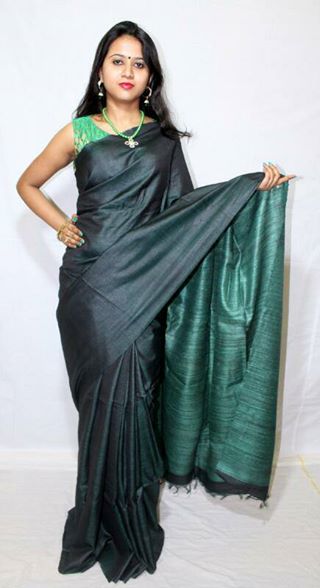 Green Pure Silk Mark Certified Tussar Ghicha Silk Sarees