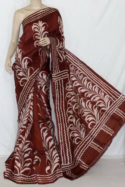 Maroon Pure Silk Mark Certified Murshidabad Silk Sarees - Dailybuyys