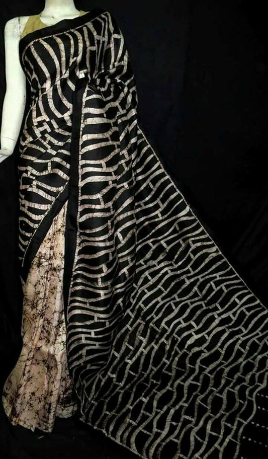 Black Beige Pure Silk Mark Certified Murshidabad Silk Sarees - Dailybuyys