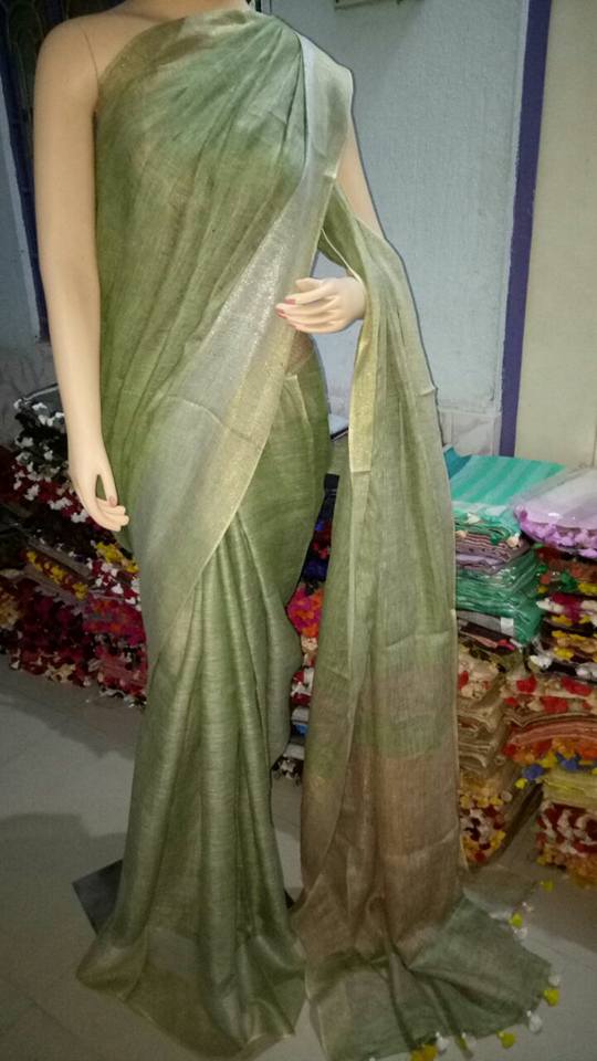 Green Pure 100 Count Soft Pure Linen Sarees