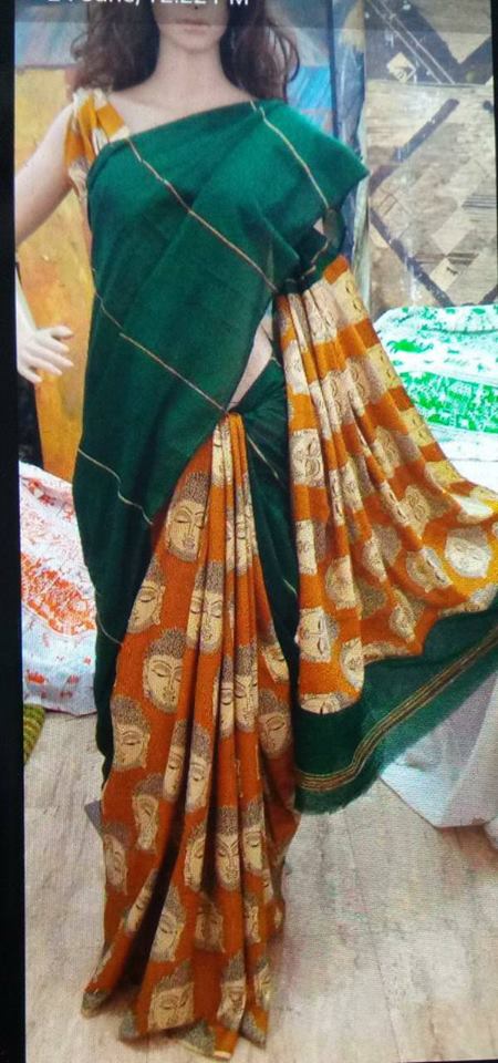 Green Orange Pure Cotton Khesh Sarees - Dailybuyys