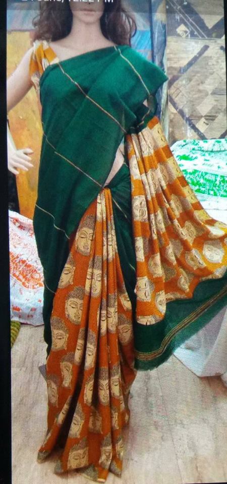 Green Orange Pure Cotton Khesh Sarees