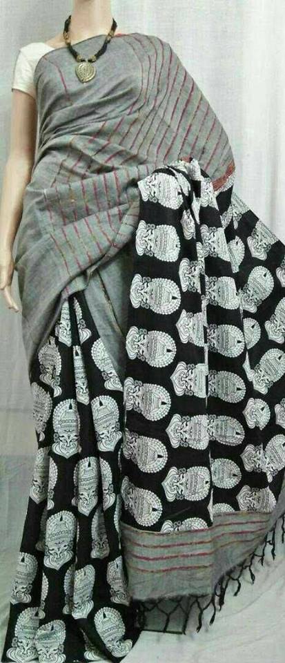 Balck Grey Pure Cotton Khesh Sarees Get Extra 10% Discount on All Prepaid Transaction