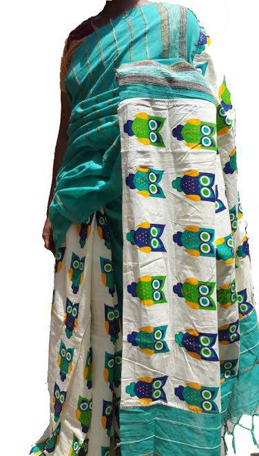 Green White Pure Cotton Khesh Sarees - Dailybuyys