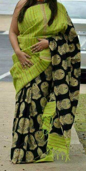 Green Black Pure Cotton Khesh Sarees - Dailybuyys