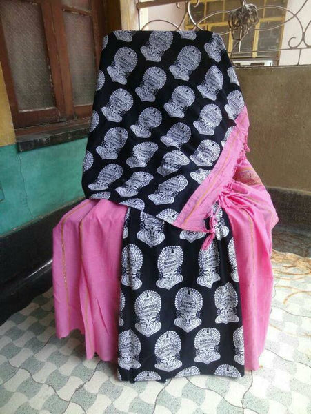 Pink Black Pure Cotton Khesh Sarees