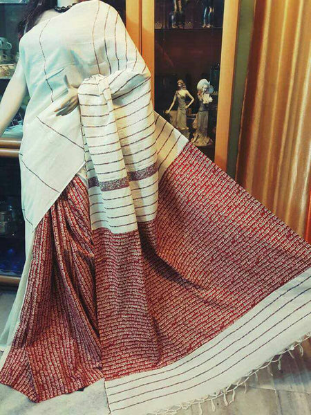 Beige Pure Cotton Khesh Sarees