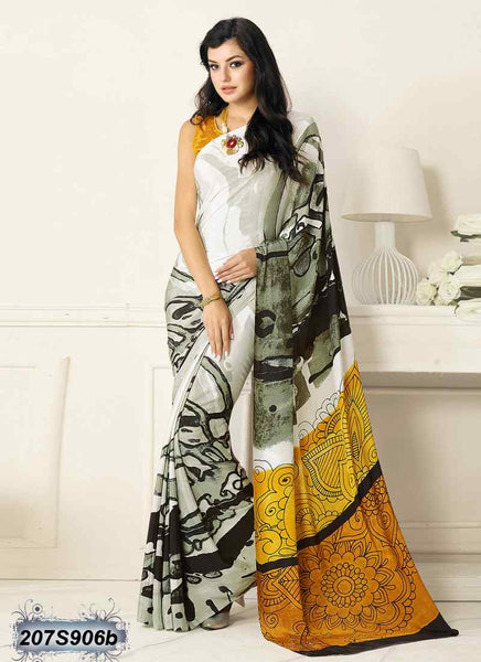 Yellow, Grey & White  Bemberg Silk Sarees