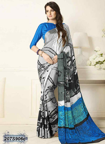 Grey,White & Blue Bemberg Silk Sarees